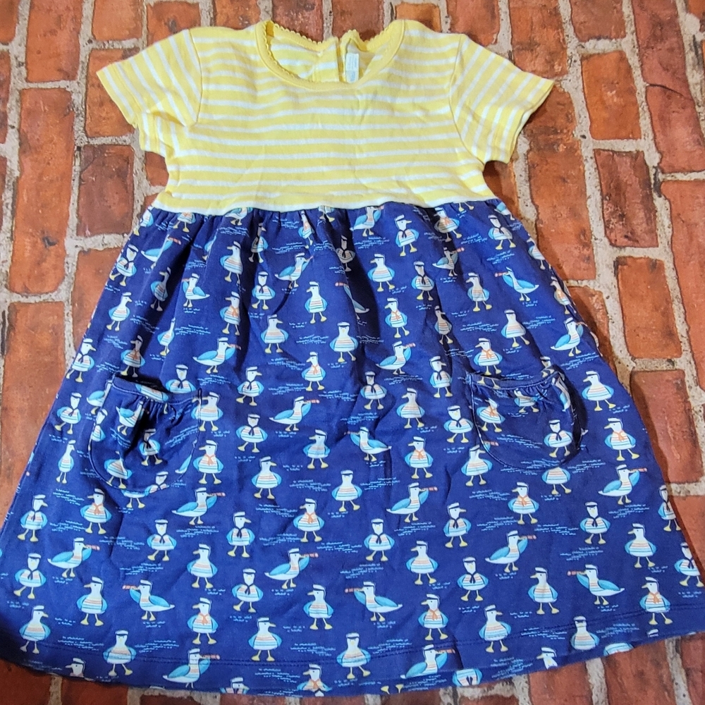 JoJo Maman Bébé Girl's 5/6  Nautical Seagull Bird Dress Yellow Stripe Blue 5 6